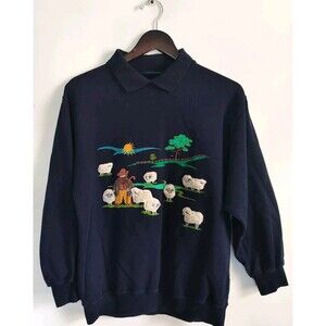 Vintage 90s Cottagecore Collared Sweatshirt 3D  Farmer Sheep Pasture Scene Small